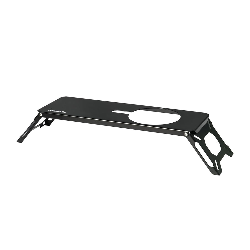 A black portable three-burner gas stove with a semi-unit grate and foldable stand, compatible with IGT tables.