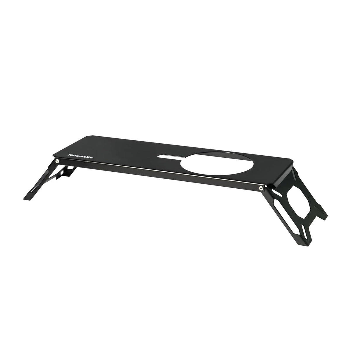 A black portable three-burner gas stove with a semi-unit grate and foldable stand, compatible with IGT tables.