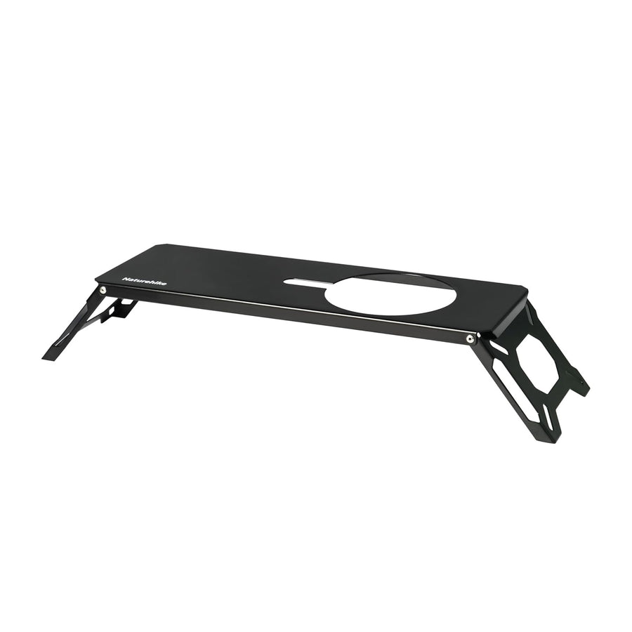 A black portable three-burner gas stove with a semi-unit grate and foldable stand, compatible with IGT tables.