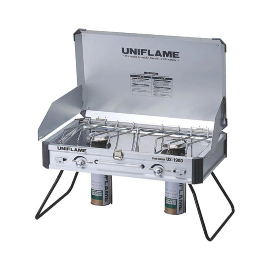Uniflame US‑1900 twin cassette‑gas burner unfolded with two stainless cooktops