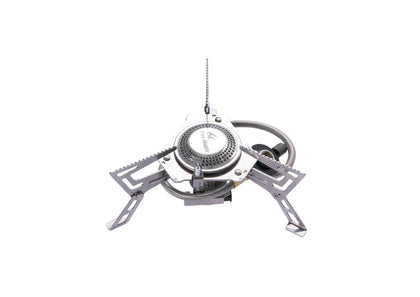 A portable Fire Maple camping stove with a silver finish, featuring a windproof design.