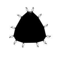 Black geometric shape with small black shapes around it on a white background