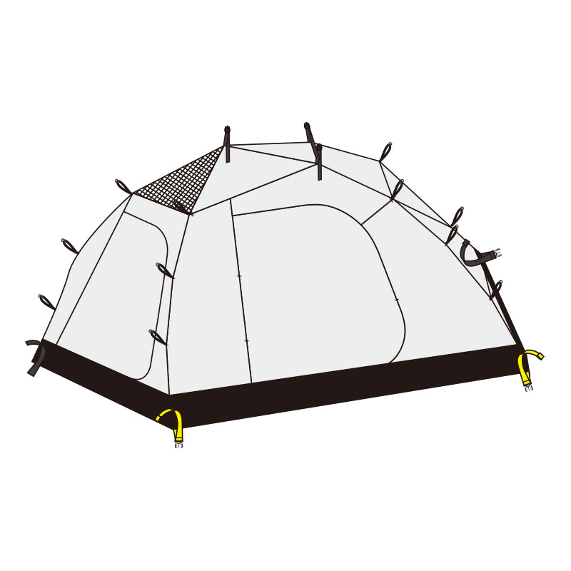 Camping tent with stakes and ropes on a white background