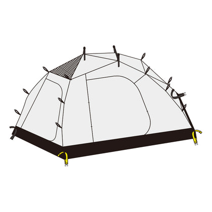 Camping tent with stakes and ropes on a white background