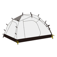 Camping tent with stakes and ropes on a white background