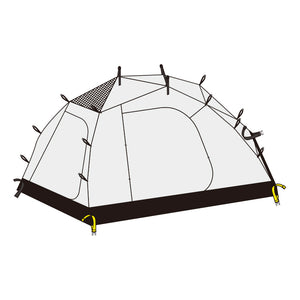 Camping tent with stakes and ropes on a white background