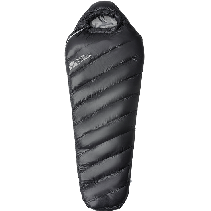 A black Mobi Garden ARCTIC FOX G800 sleeping bag with a zipper, designed for outdoor use.