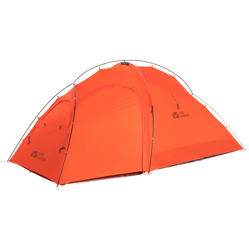 An orange Mobi Garden tent pitched, with visible brand logos and a rainfly attached to the exterior.
