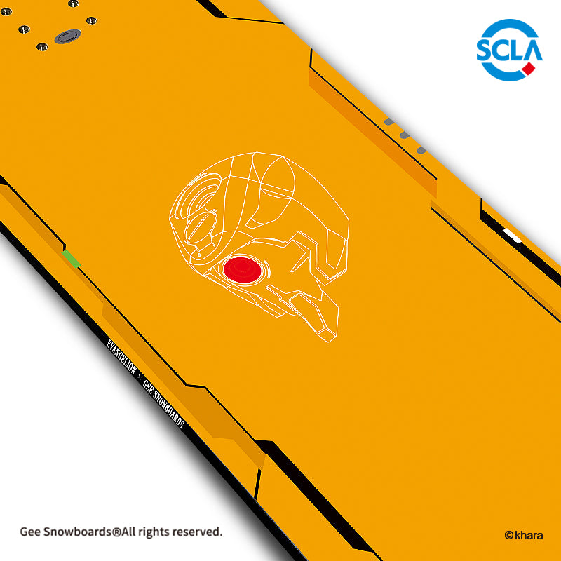 Gee Snowboards × Evangelion Unit-00 Snowboard — centre detail: Unit-00 head line art with red eye