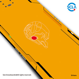 Gee Snowboards × Evangelion Unit-00 Snowboard — centre detail: Unit-00 head line art with red eye