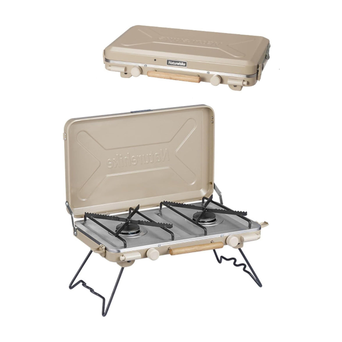 Naturehike Leyan 2 double head gas stove in khaki color, portable and set up on a stand, showing both the top and side views.