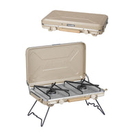 Naturehike Leyan 2 double head gas stove in khaki color, portable and set up on a stand, showing both the top and side views.