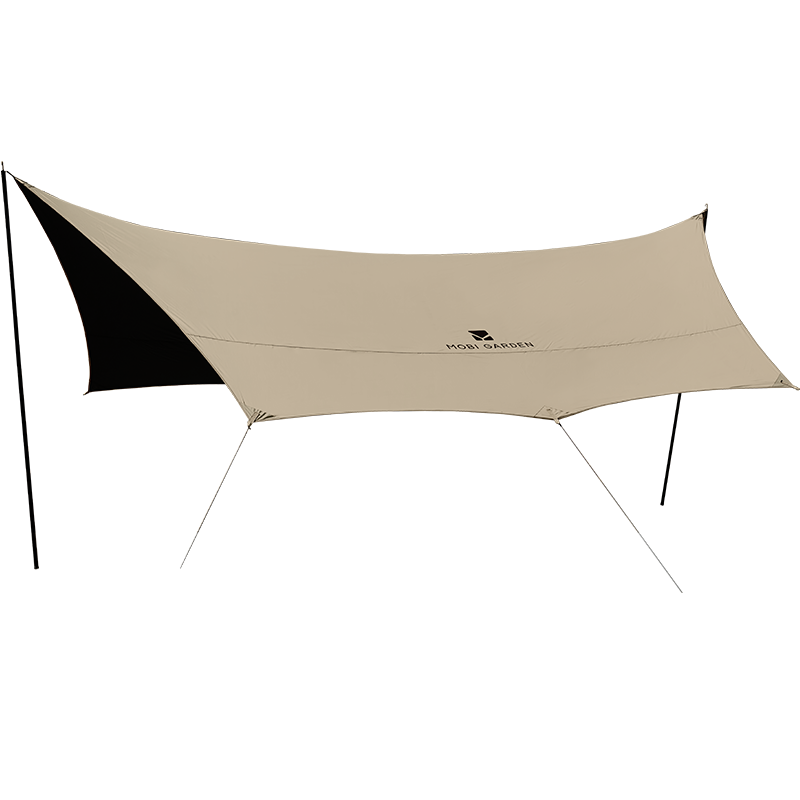 A white and black Mobi Garden tarp set up outdoors, likely made of polyester with a black coated section.