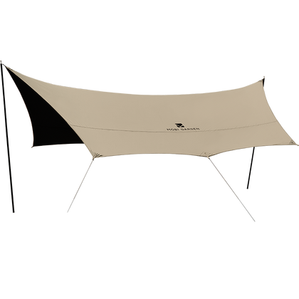 A white and black Mobi Garden tarp set up outdoors, likely made of polyester with a black coated section.