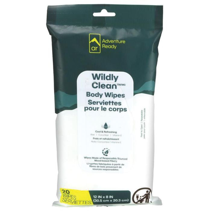 Adventure Ready Wildly Clean Body Wipes resealable pack of 20 wipes.