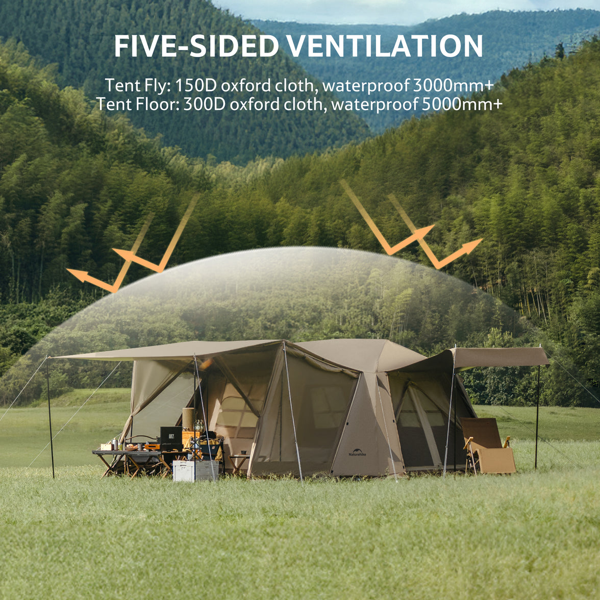 A tent with five-sided ventilation described as waterproof, set up in a natural outdoor setting.