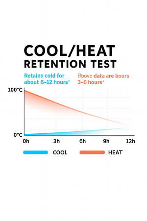 Graph showing cool and heat retention test results with temperature and time on a white background