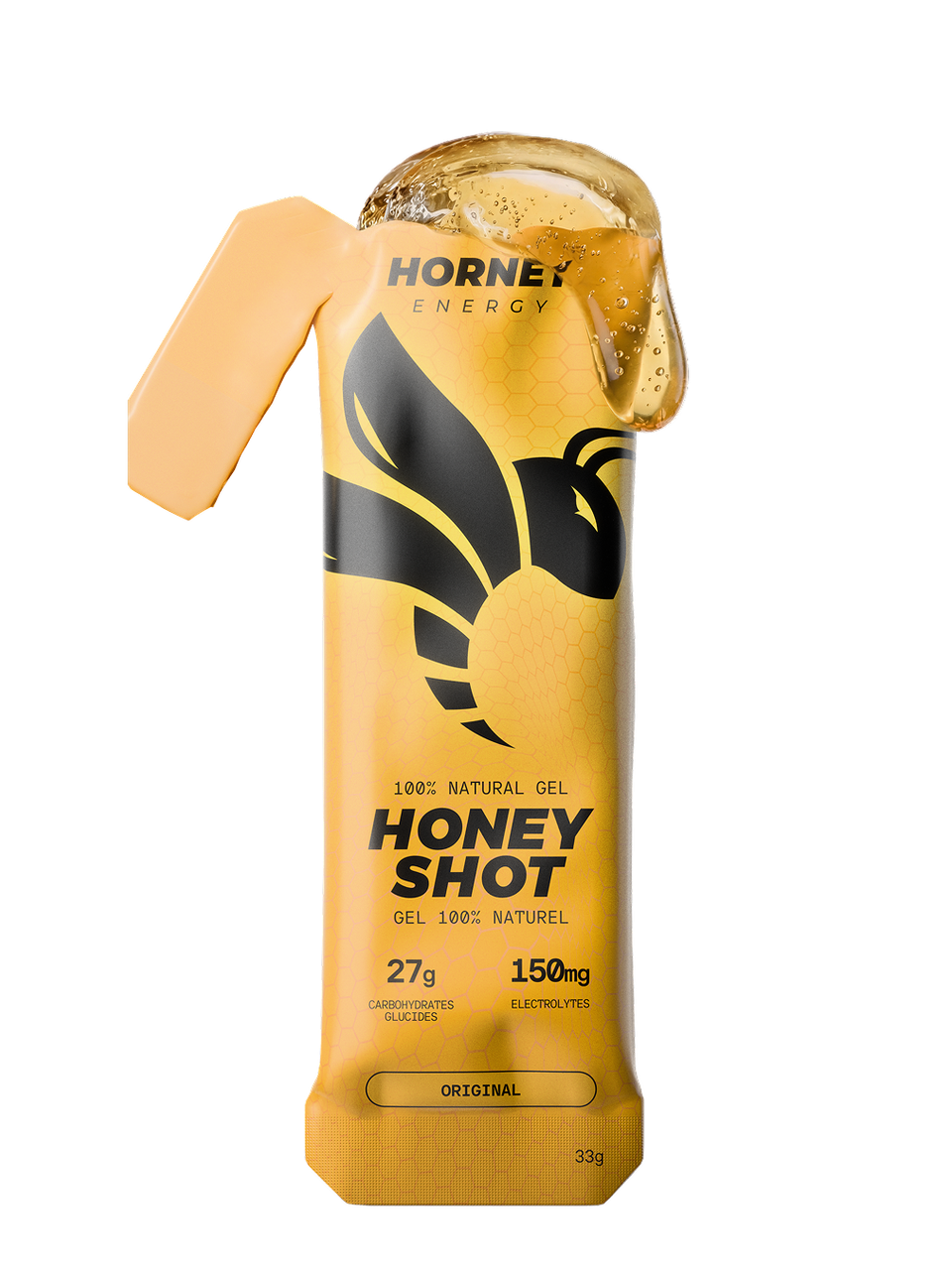 Hornet Energy Honey Shot energy gel sachet in Original flavour, 33 g, showing 27 g carbohydrates and 150 mg electrolytes.