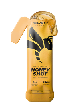 Hornet Energy Honey Shot energy gel sachet in Original flavour, 33 g, showing 27 g carbohydrates and 150 mg electrolytes.