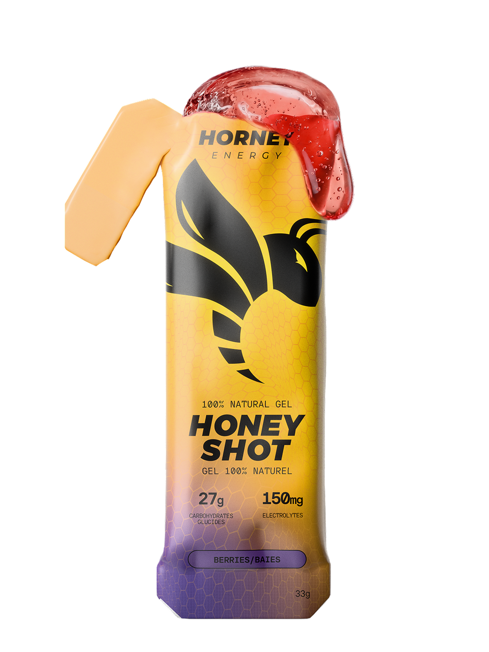 Hornet Energy Honey Shot energy gel sachet in Blueberry Raspberry flavour, 33 g.