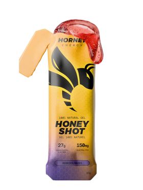 Hornet Energy Honey Shot energy gel sachet in Blueberry Raspberry flavour, 33 g.
