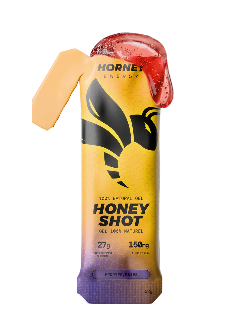 Hornet Energy Honey Shot energy gel sachet in Blueberry Raspberry flavour, 33 g.
