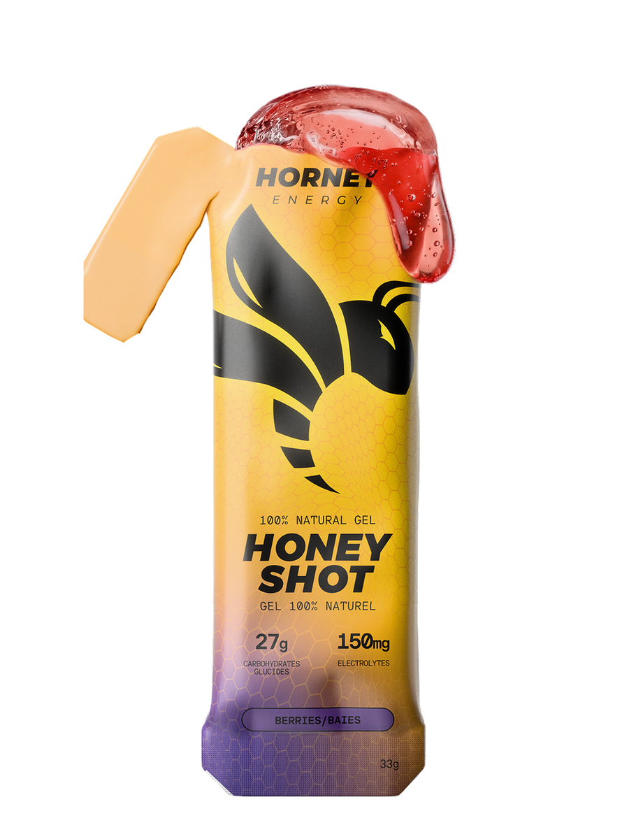 Hornet Energy Honey Shot energy gel sachet in Blueberry Raspberry flavour, 33 g.