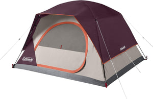 Coleman tent with maroon top and gray sides on a white background