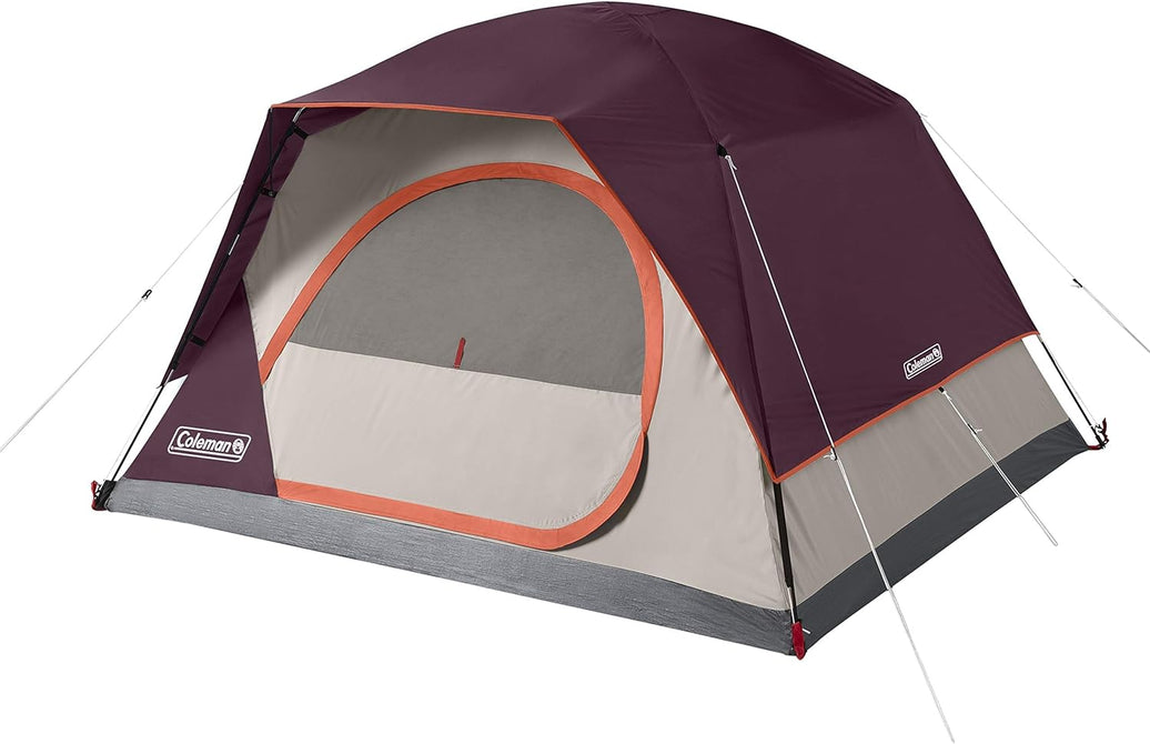 Coleman tent with maroon top and gray sides on a white background