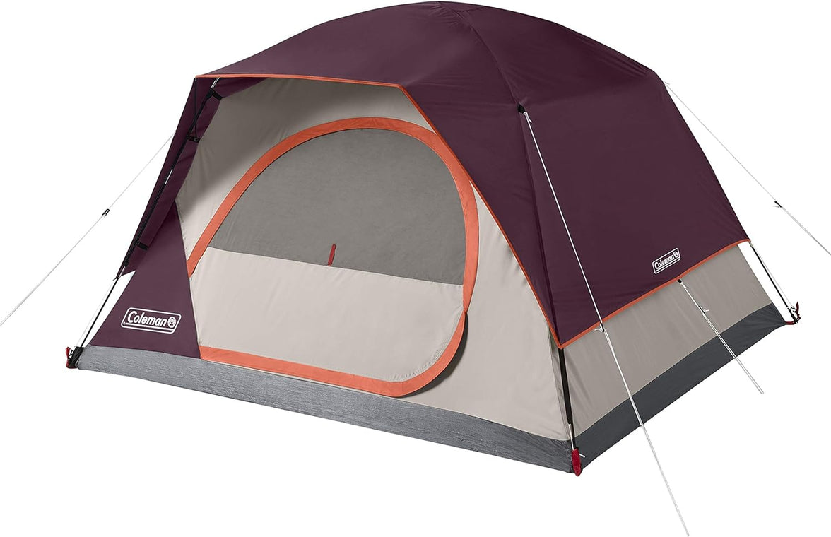 Coleman tent with maroon top and gray sides on a white background