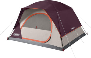 Coleman tent with maroon top and gray sides on a white background