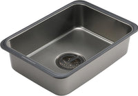 Stainless steel kitchen sink with drainboard on a white background
