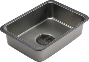 Stainless steel kitchen sink with drainboard on a white background