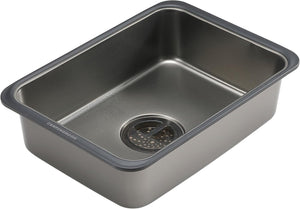 Stainless steel kitchen sink with drainboard on a white background