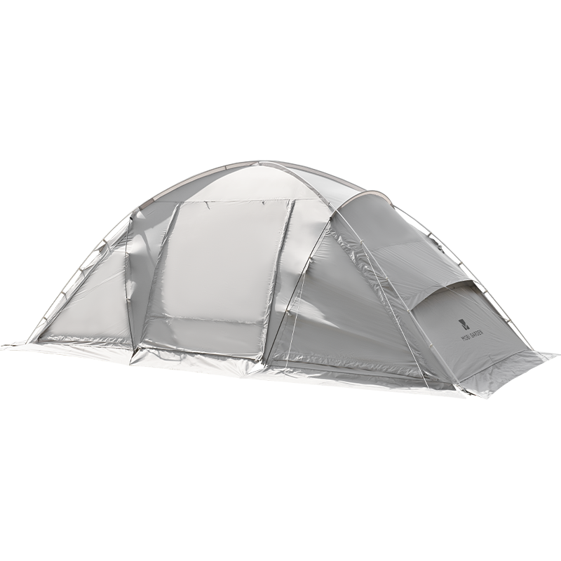 A silver dome-shaped tent with a zipper on the entrance.