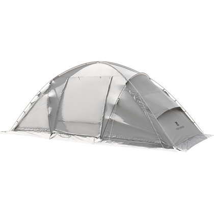 A silver dome-shaped tent with a zipper on the entrance.