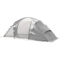 A silver dome-shaped tent with a zipper on the entrance.