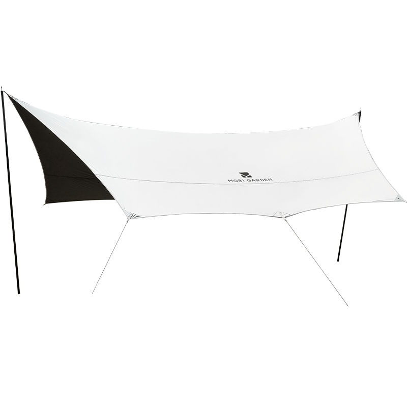 A white and black Mobi Garden tarp set up outdoors, likely made of polyester with a black coated section.