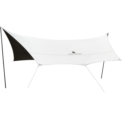 A white and black Mobi Garden tarp set up outdoors, likely made of polyester with a black coated section.
