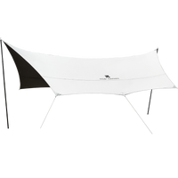 A white and black Mobi Garden tarp set up outdoors, likely made of polyester with a black coated section.