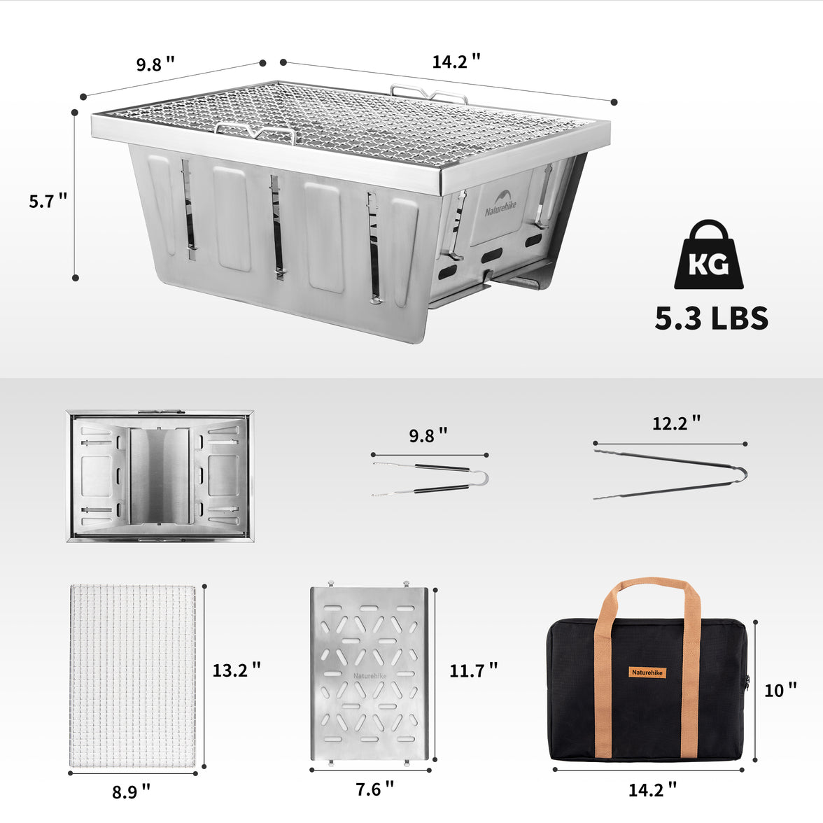 Naturehike stainless steel folding grill with dimensions, weight, and additional product details displayed alongside a carry bag.