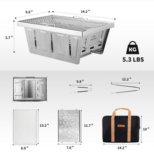 Naturehike stainless steel folding grill with dimensions, weight, and additional product details displayed alongside a carry bag.
