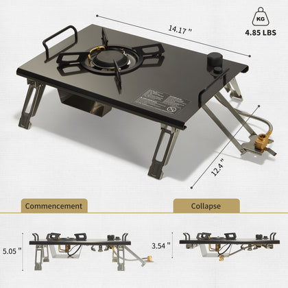 A tabletop folding single head gas furnace with dimensions marked, showing both commencement and collapse states, and measurements provided.