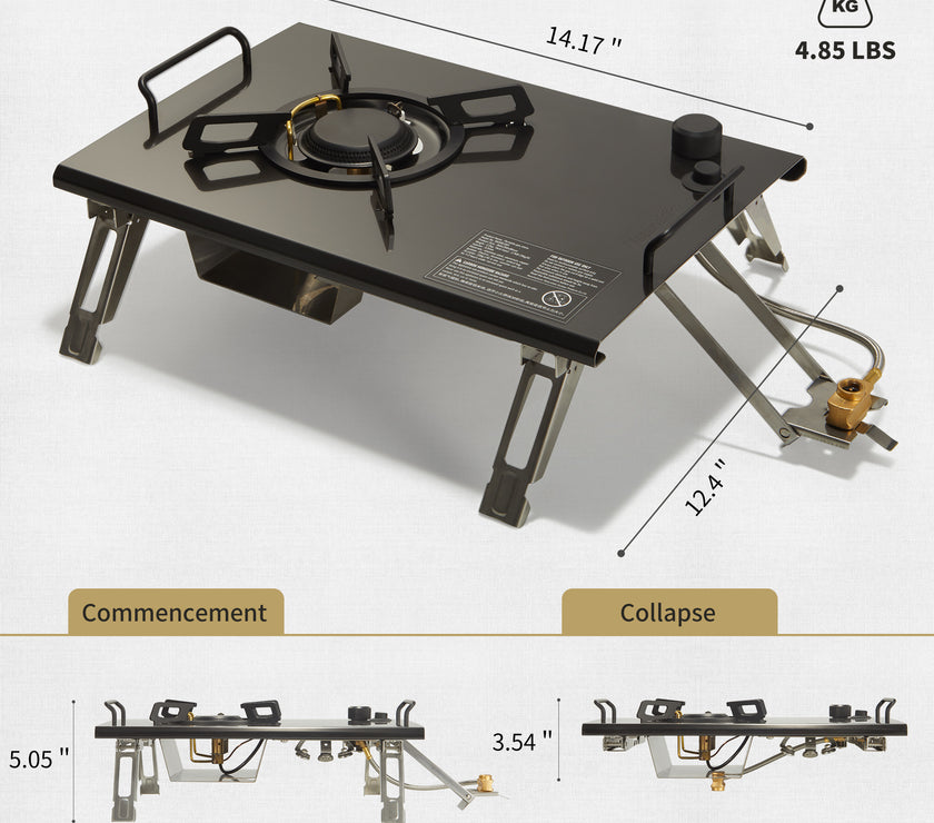 A tabletop folding single head gas furnace with dimensions marked, showing both commencement and collapse states, and measurements provided.