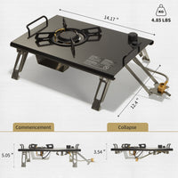 A tabletop folding single head gas furnace with dimensions marked, showing both commencement and collapse states, and measurements provided.