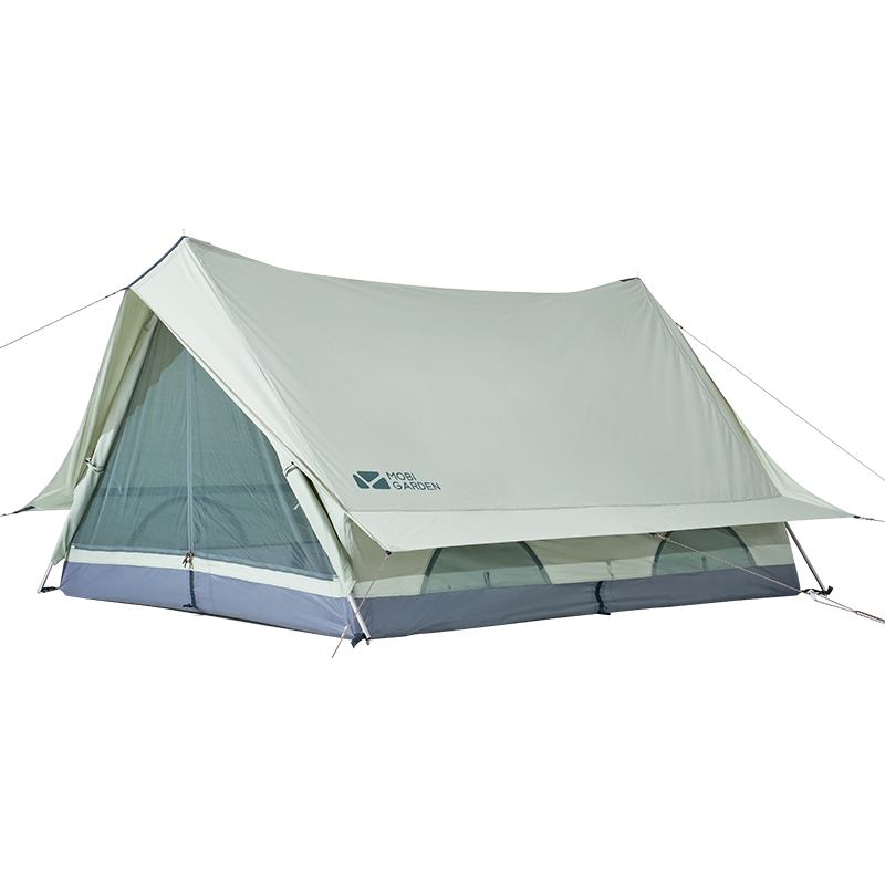 A beige Mobi Garden ERA 150 tent with a white stripe and a visible window mesh.