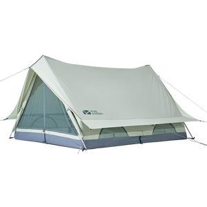 A beige Mobi Garden ERA 150 tent with a white stripe and a visible window mesh.