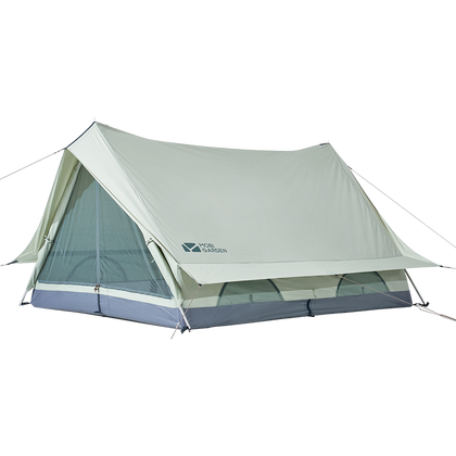 A beige Mobi Garden ERA 150 tent with a white stripe and a visible window mesh.