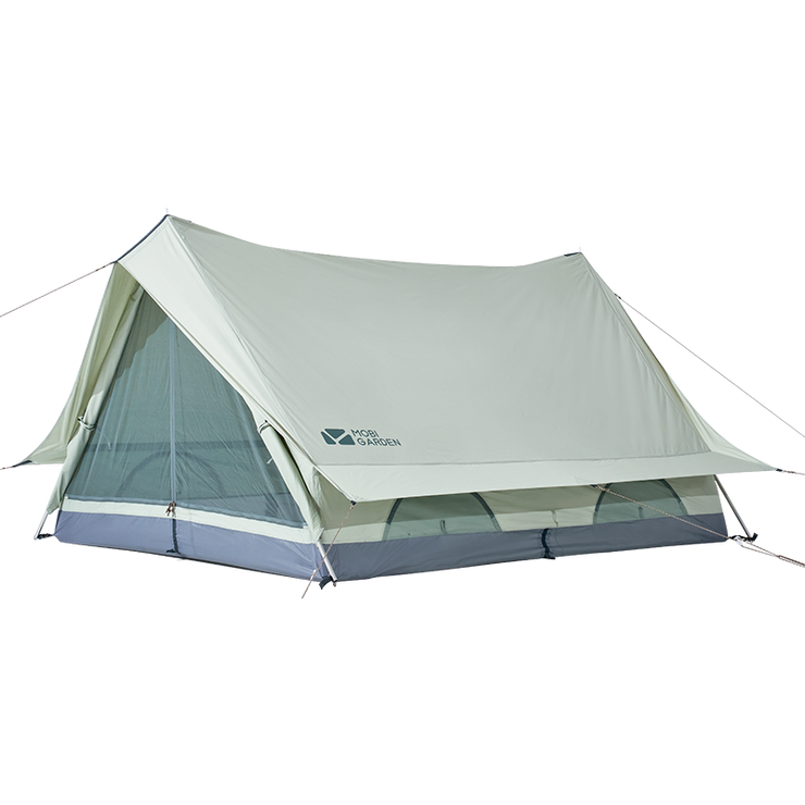 A beige Mobi Garden ERA 150 tent with a white stripe and a visible window mesh.
