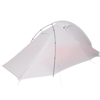A white Mobi Garden backpacking tent with silicone coated nylon fabric, displayed against a black background.